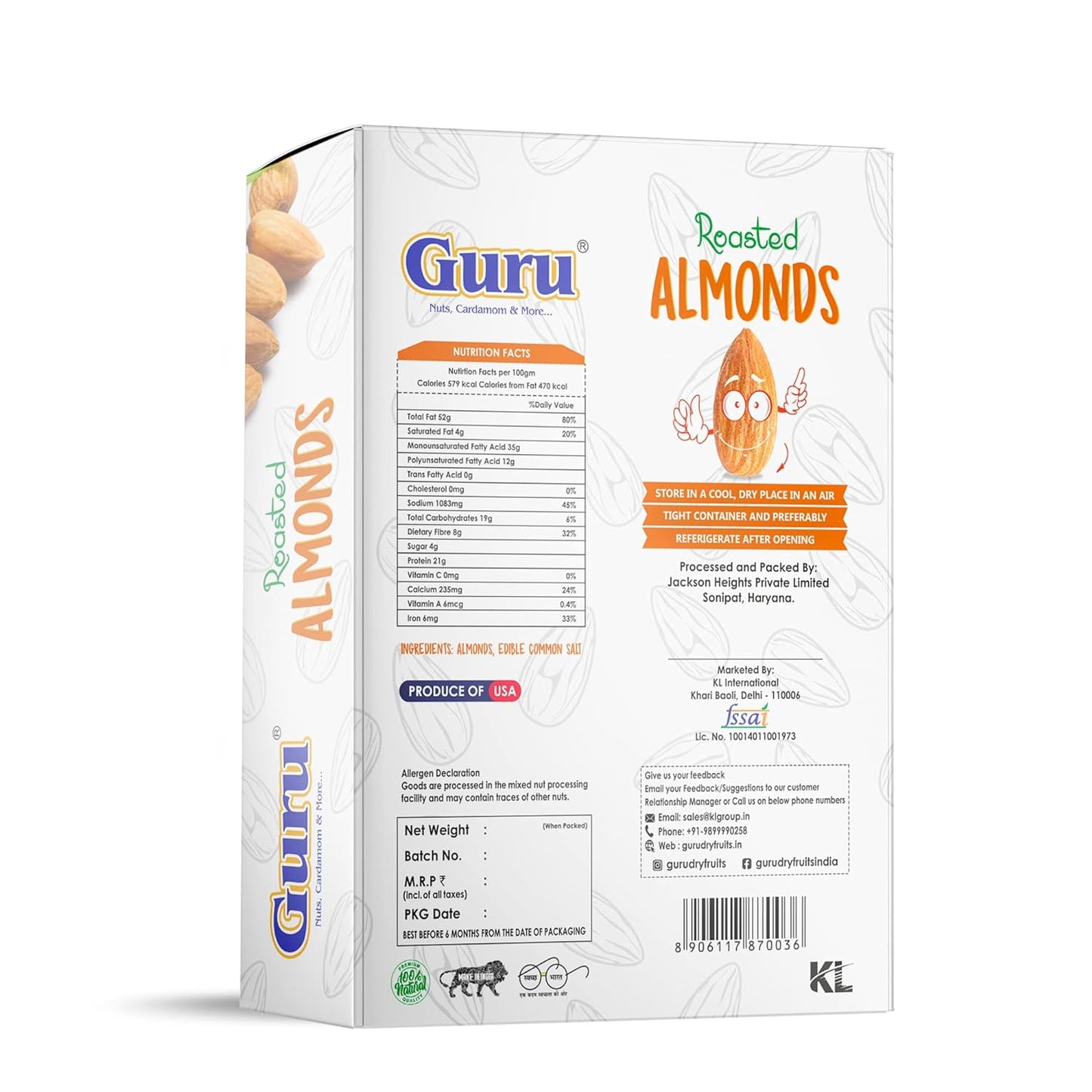 Guru California Almonds 200g Pouch Pack| Quality Badam Giri | High in Fiber | Boost Immunity | Healthy Crunchy Nuts | Real Nuts | Whole Natural Badam | High Protein Snack | Pouch Pack California Almonds 200g Pouch Pack |