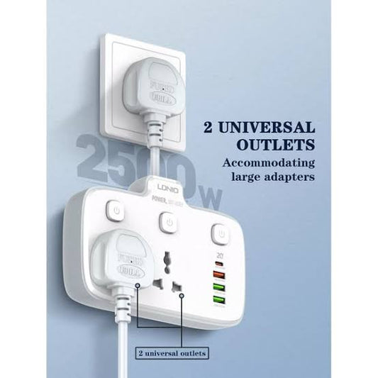 LDNIO Universal Power Strip Surge Protector with 3 USB Ports 1 type c port - 2 AC Outlets,