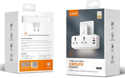 LDNIO 6 In 1 Power Socket(Night Lamp,PD+QC 3.0 + 2.4 Amp Fast Charger) 18 A Two Pin Socket